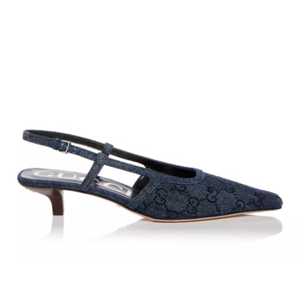 Gucci Women's GG Crystal Denim Slingback Kitten Heel Pumps Size 39